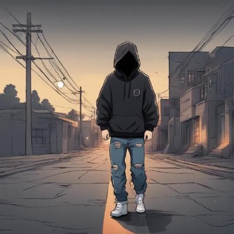 Illustration of PEEVEE in a black hoodie walking down an empty street at dusk